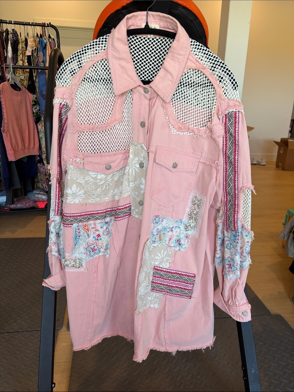 POL Pink Patchwork Embellished Jean Jacket